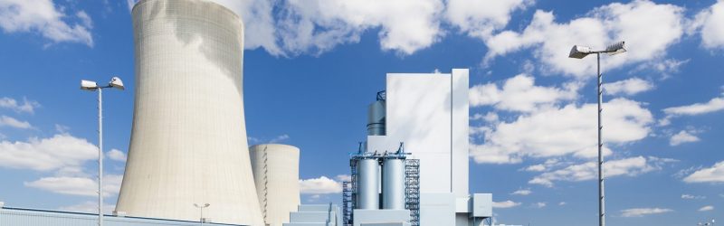 A shiny new lignite power station with beautiful blue sky and straight perspective